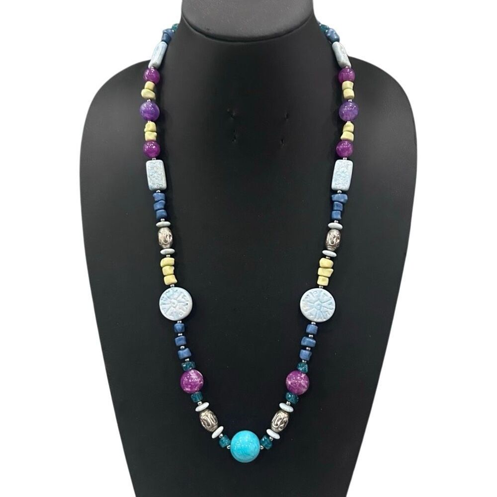 Multi-beaded Statement Necklace Women's 28" Multicolor Mixed Gemstones And Beads